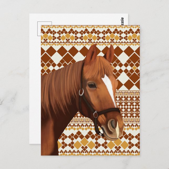 Beautiful Brown Horse on Earthy Geometric Pattern Postcard (Front/Back)