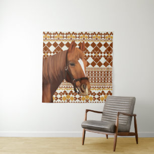 Beautiful Brown horse on Earthy Geometric Pattern Tapestry