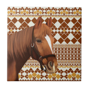 Beautiful Brown horse on Earthy Geometric Pattern  Tile