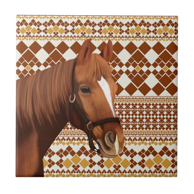 Beautiful Brown horse on Earthy Geometric Pattern  Tile (Front)