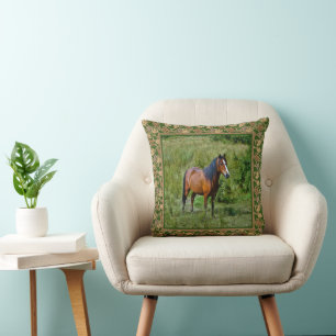 Beautiful Brown Horse Standing In Grass Cushion