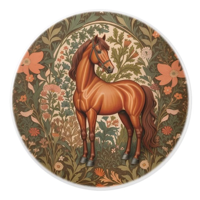 Beautiful Brown Horse William Morris Inspired  Ceramic Knob (Front)
