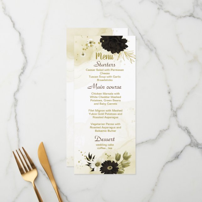 beautiful brown ivory gold floral wedding menu (Front/Back In Situ)