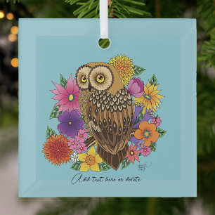 Beautiful Brown Owl Colourful Flower Bouquet Glass Tree Decoration