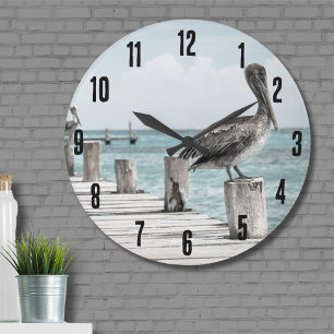 Beautiful Brown Pelicans Ocean Coastal Beach Large Clock