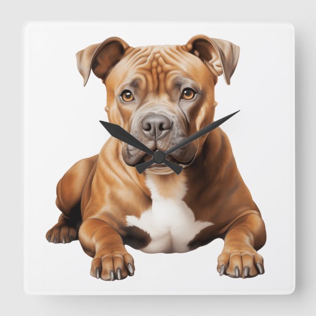 BEAUTIFUL BROWN STAFFORDSHIRE BULL TERRIER DOG SQUARE WALL CLOCK (Front)