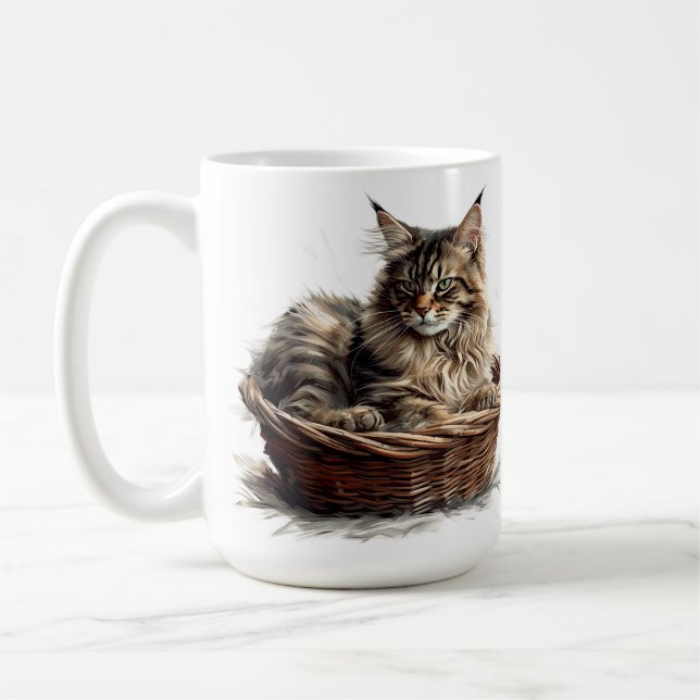 BEAUTIFUL BROWN TABBY MAINE COON CAT IN BASKET COFFEE MUG (Left)