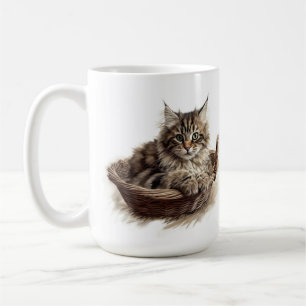 BEAUTIFUL BROWN TABBY MAINE COON CAT IN BASKET COFFEE MUG