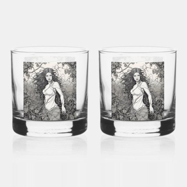 Beautiful Brunette Woman In Vines Drawing Whiskey Glass (Front)