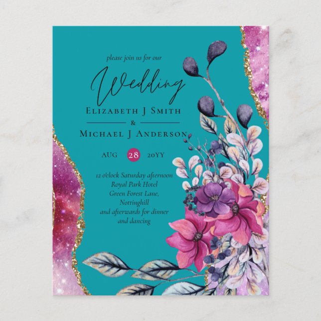 Beautiful BUDGET Pink Teal Floral Agate Wedding Flyer (Front)