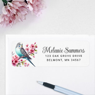 Beautiful Budgie with Pink Flowers Return Address