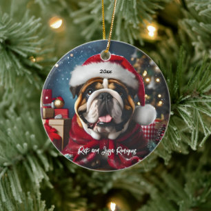 Beautiful Bulldog with Santa Hat Ceramic Tree Decoration