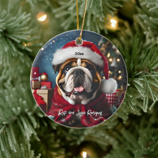 Beautiful Bulldog with Santa Hat Ceramic Tree Decoration (Tree)