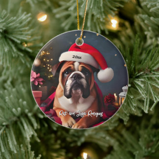 Beautiful Bulldog with Santa Hat Ceramic Tree Decoration