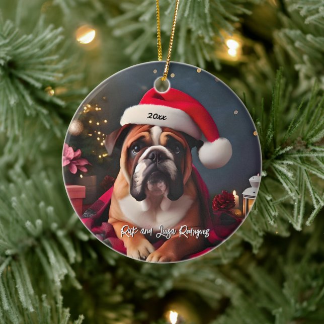 Beautiful Bulldog with Santa Hat Ceramic Tree Decoration (Tree)