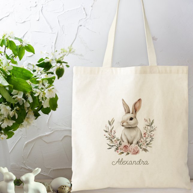 Beautiful Bunny Custom Name Tote Bag (A cute alternative to an Easter basket, or use it anytime for books, groceries and more.)
