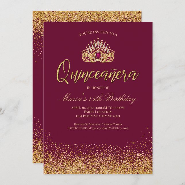 Beautiful Burgundy and Gold Quinceañera Invitation (Front/Back)