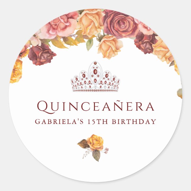 Beautiful Burgundy and Yellow Rose Quinceanera Classic Round Sticker (Front)