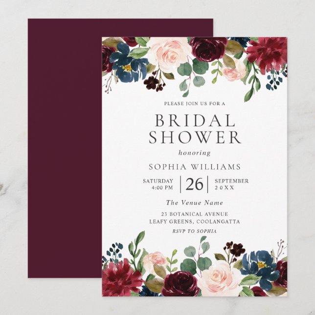 Beautiful Burgundy Blush Floral Bridal Shower Invitation (Front/Back)