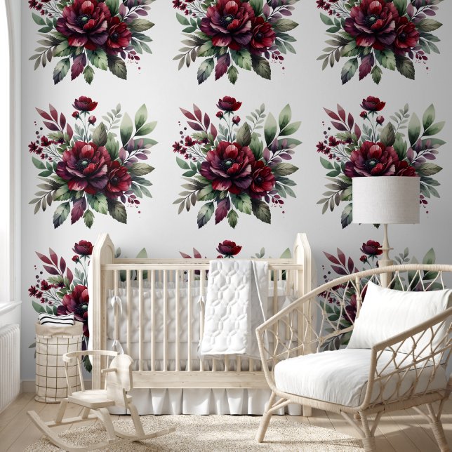 Beautiful Burgundy Botanical Floral Wallpaper (Kids)