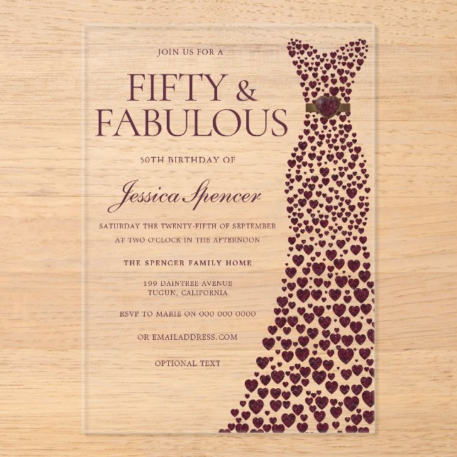 Beautiful Burgundy Dress Elegant 50th Birthday  Acrylic Invitations (Front)