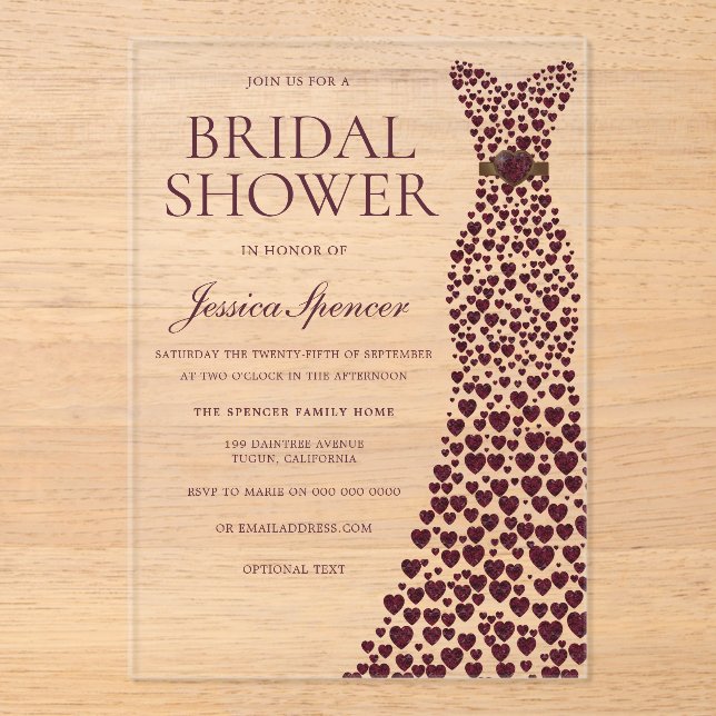 Beautiful Burgundy Dress Elegant Bridal Shower Acrylic Invitations (Front)