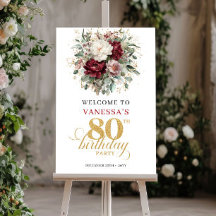 Beautiful Burgundy Floral 80th Birthday Welcome Poster