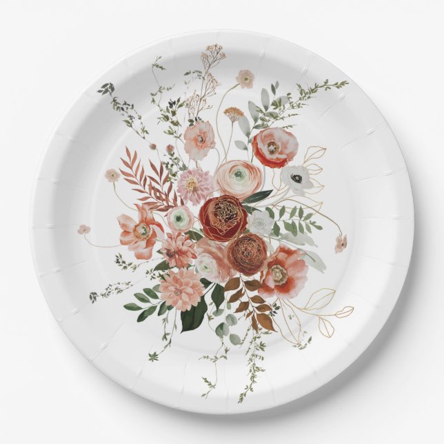 Beautiful Burgundy Floral Art Paper Plate (Front)
