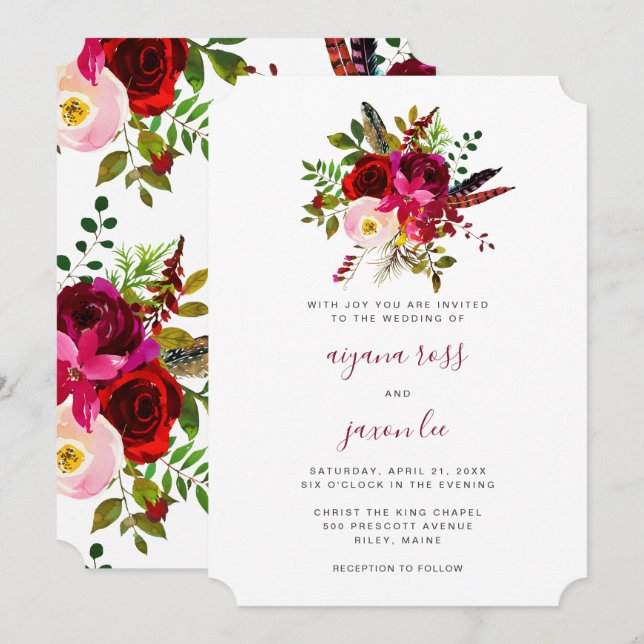 Beautiful Burgundy Floral Bouquet Wedding Invitation (Front/Back)