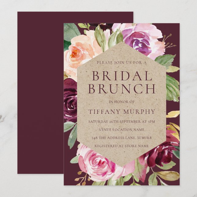 Beautiful Burgundy Floral Bridal Shower Brunch Invitation (Front/Back)