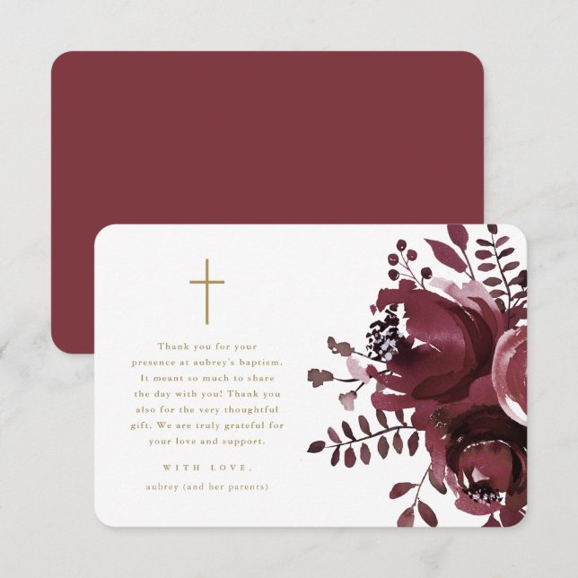 Beautiful Burgundy Floral Cross Baptism Thank You Card (Front/Back)