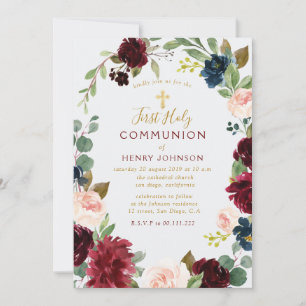 Beautiful burgundy floral first holy communion invitation