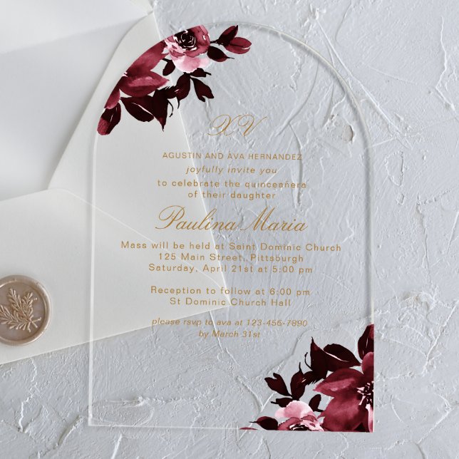 Beautiful Burgundy Floral Formal Quinceañera Acrylic Invitations (Creator Uploaded)