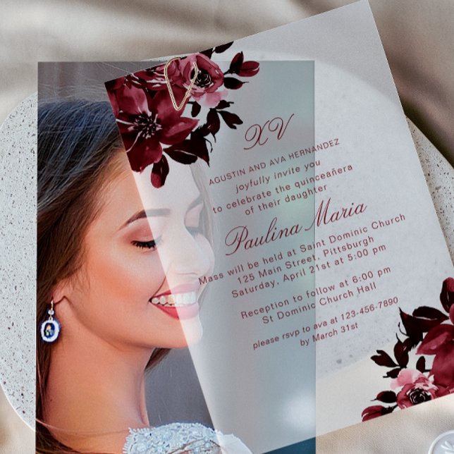 Beautiful Burgundy Floral Quinceañera Vellum Invitations (Creator Uploaded)