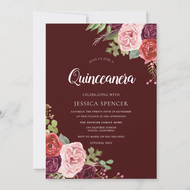 Beautiful Burgundy Flowers Quinceanera Invite (Front)
