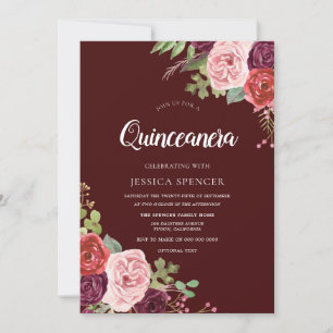 Beautiful Burgundy Flowers Quinceanera Invite