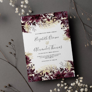 Beautiful burgundy gold glitter floral wedding invitation