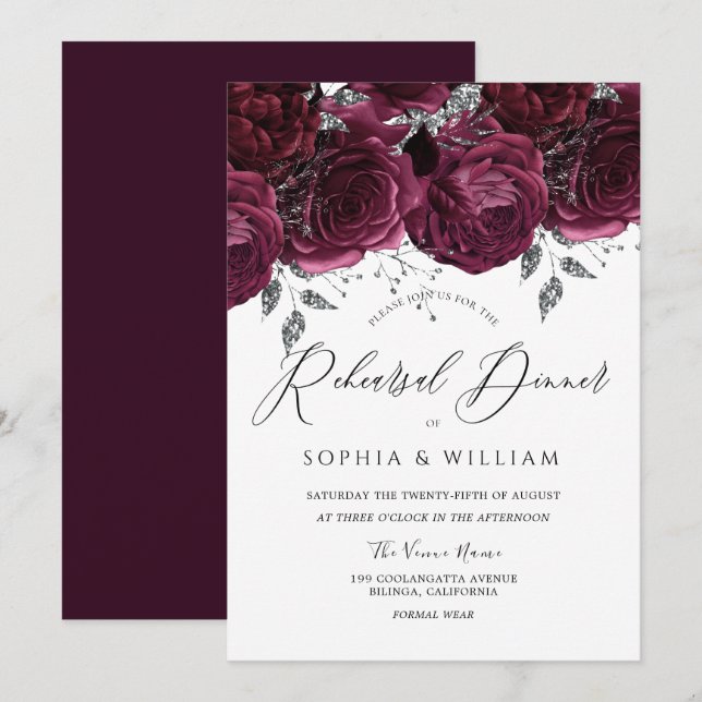 Beautiful Burgundy Maroon Roses Rehearsal Dinner Invitation (Front/Back)
