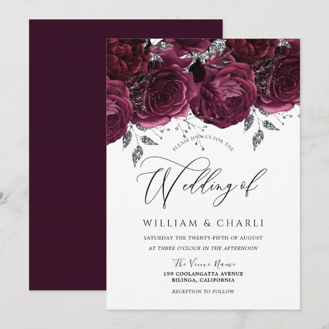 Beautiful Burgundy Roses Elegant Wedding Invitation (Front/Back)