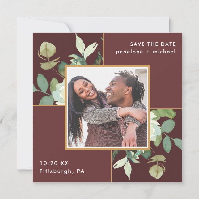 Beautiful Burgundy with Greenery Photo Wedding Save The Date (Front)