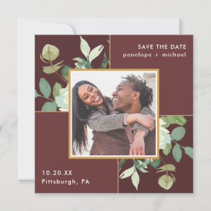 Beautiful Burgundy with Greenery Photo Wedding Save The Date