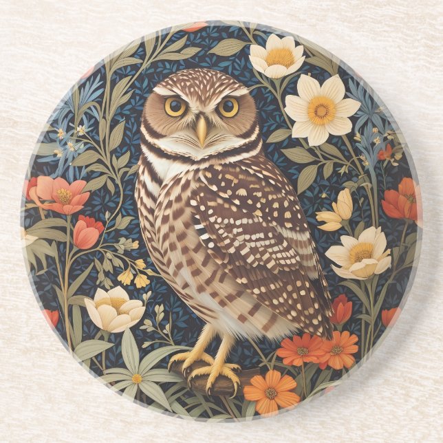 Beautiful Burrowing Owl William Morris Inspired Coaster (Front)