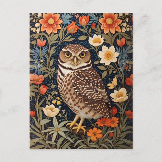 Beautiful Burrowing Owl William Morris Inspired Postcard (Front)