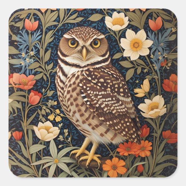 Beautiful Burrowing Owl William Morris Inspired Square Sticker (Front)