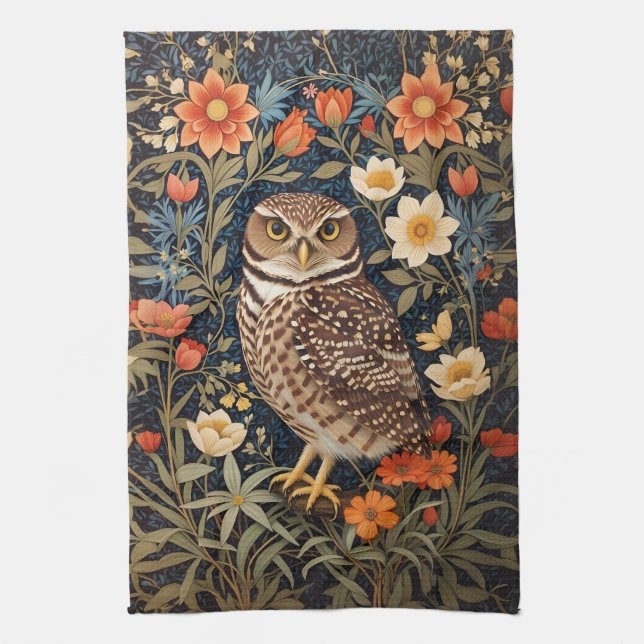Beautiful Burrowing Owl William Morris Inspired Tea Towel (Vertical)