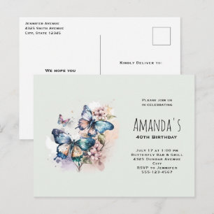 Beautiful Butterflies and Flowers Birthday Invitation Postcard