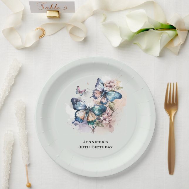 Beautiful Butterflies and Flowers Birthday Paper Plate (Wedding)