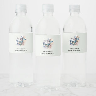 Beautiful Butterflies and Flowers Birthday Water Bottle Label