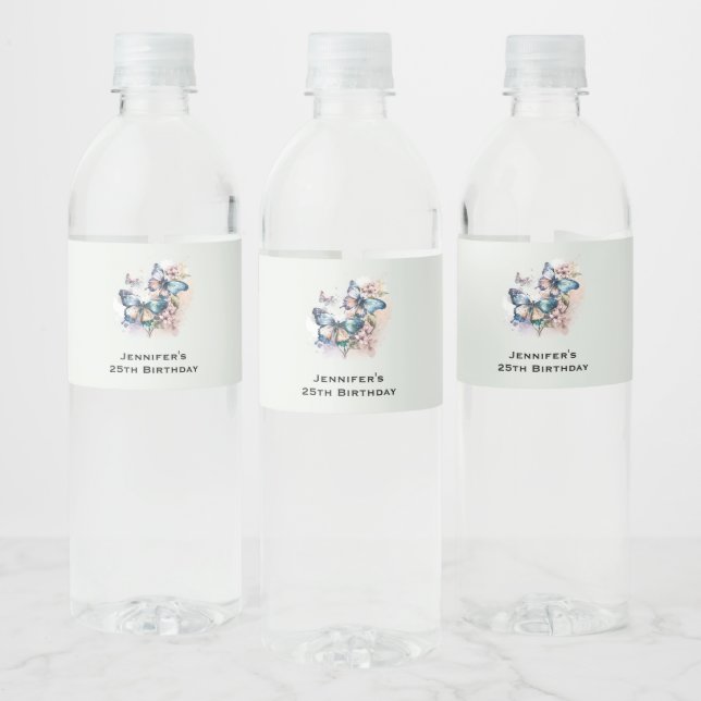 Beautiful Butterflies and Flowers Birthday Water Bottle Label (Bottles)