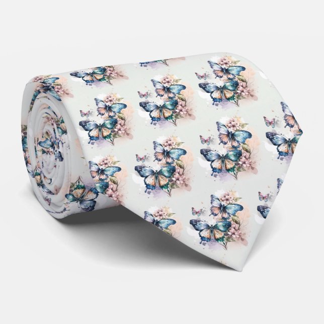 Beautiful Butterflies and Flowers Pattern Tie (Rolled)